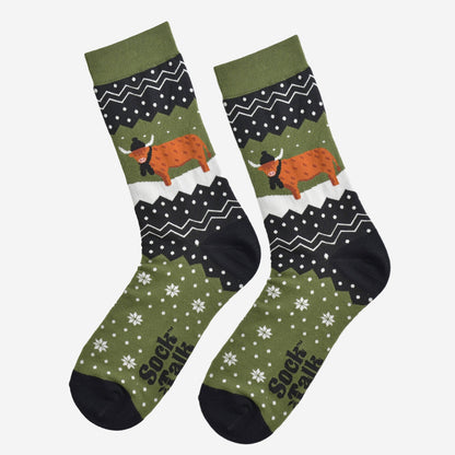 Men's Bamboo Socks - Green/Black, Winter Highland Cow