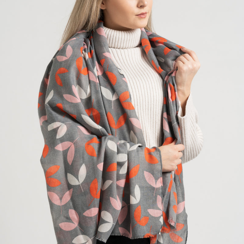 Retro leaves scarf Grey/Pink/Red