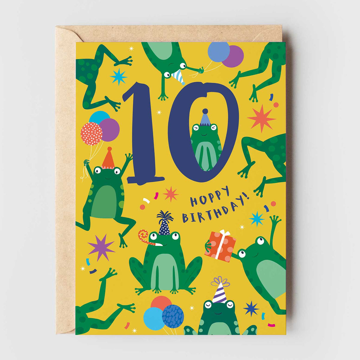 Fun Colourful Age 10 Frogs Birthday card for girls or boys