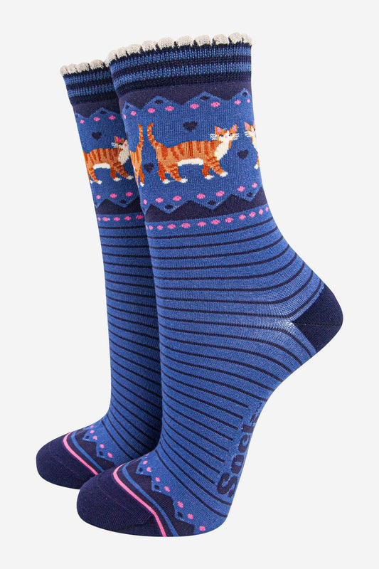 Women's Bamboo Socks - Denim Blue/Navy Blue, Ginger Cats
