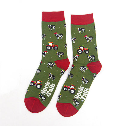 Men's Bamboo Socks - Green/Red, Christmas Cow and Tractor
