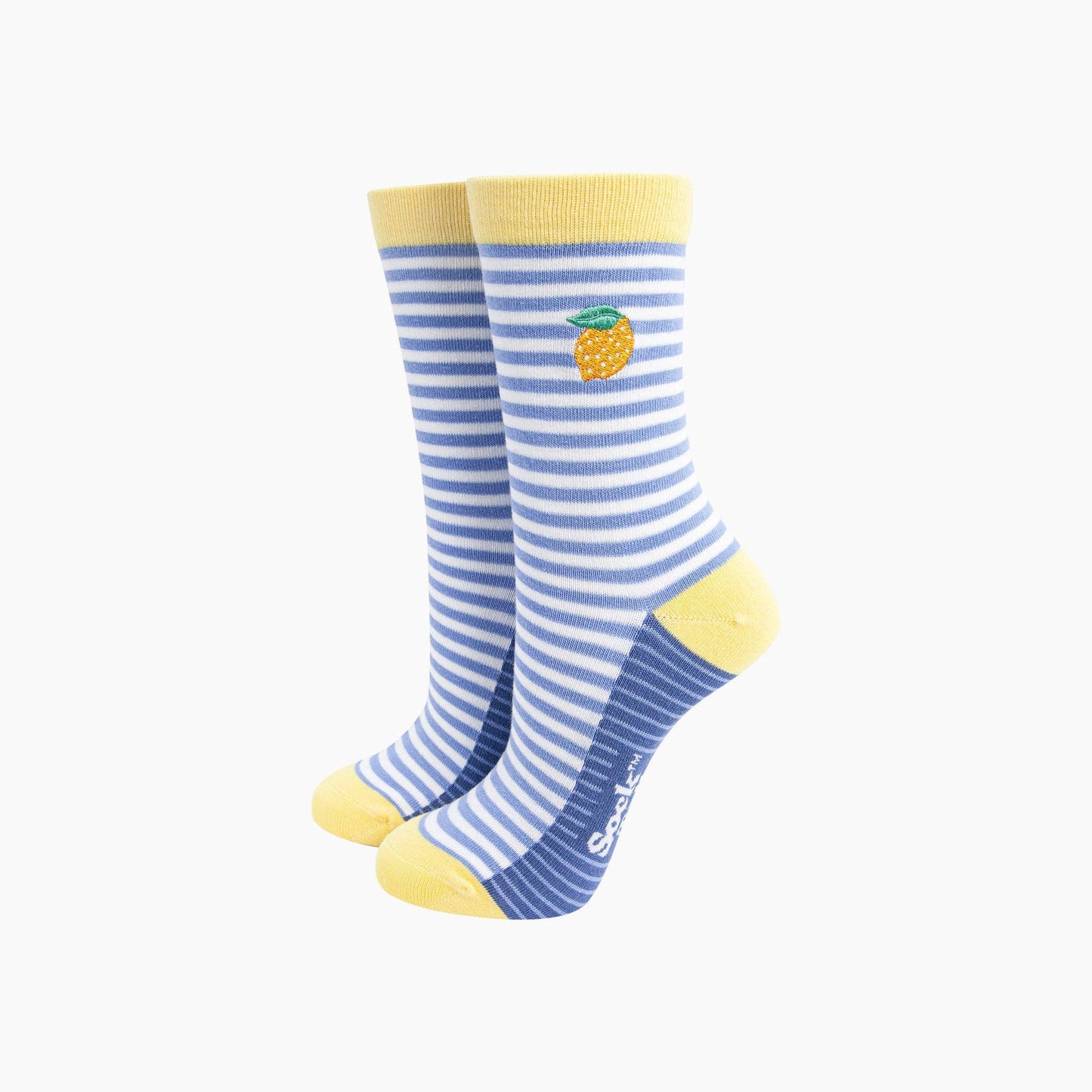 Embroidered Lemon Striped Combed Cotton Socks in Blue