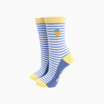 Embroidered Lemon Striped Combed Cotton Socks in Blue