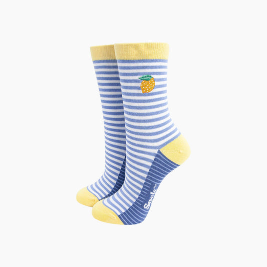 Embroidered Lemon Striped Combed Cotton Socks in Blue
