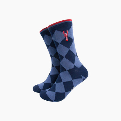 Embroidered Lobster Argyle Combed Cotton Socks in Navy Blue