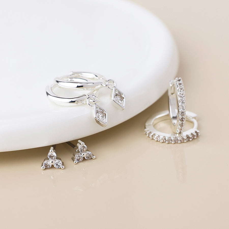 Silver crystal hoops and studs earring set