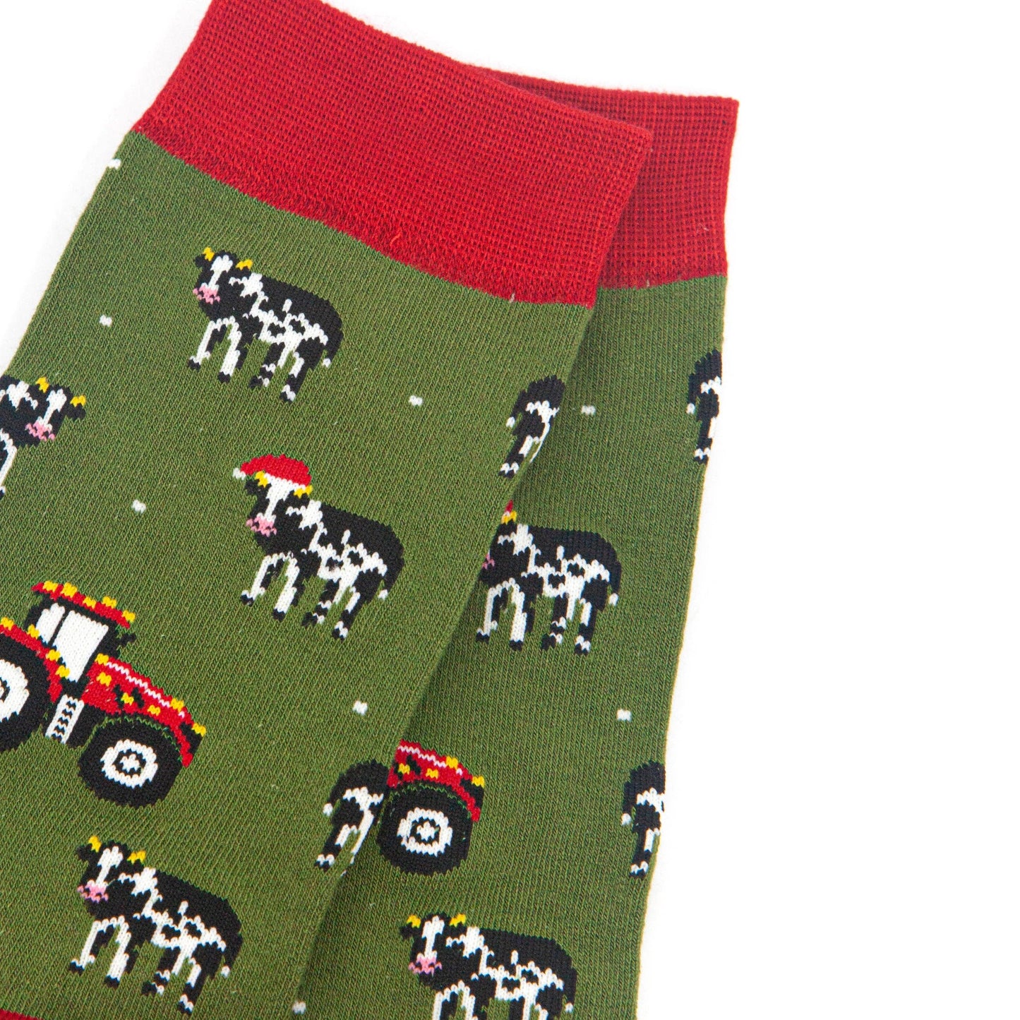 Men's Bamboo Socks - Green/Red, Christmas Cow and Tractor