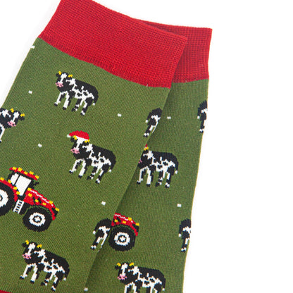 Men's Bamboo Socks - Green/Red, Christmas Cow and Tractor