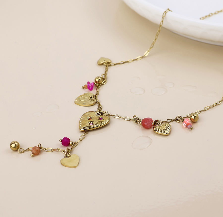 Waterproof gold plated pink bead and multi heart necklace