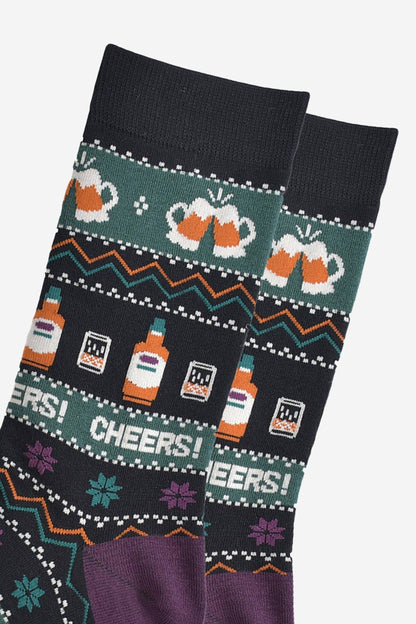 Men's Bamboo Socks - Black/Green, Party Drinks Fair Isle