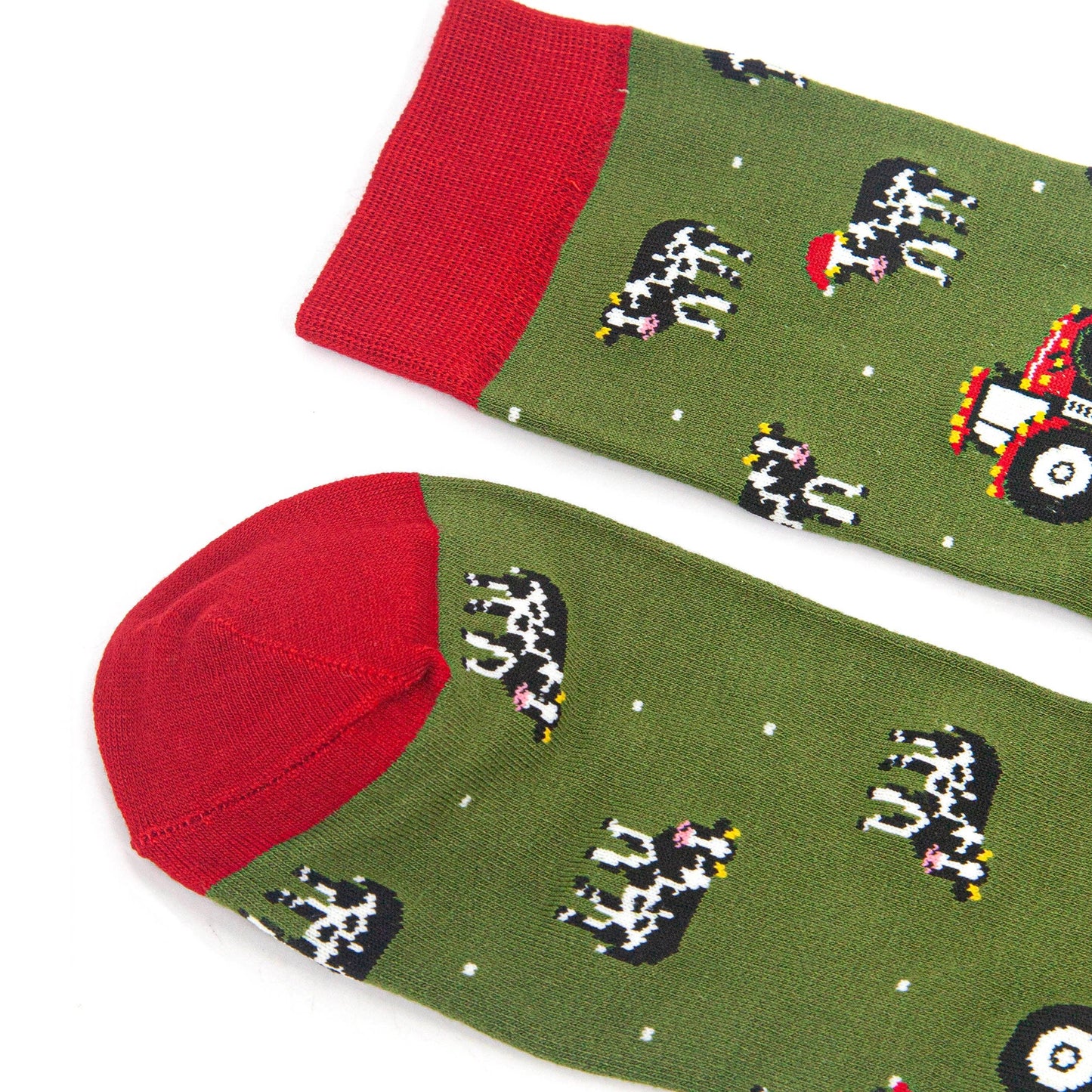 Men's Bamboo Socks - Green/Red, Christmas Cow and Tractor