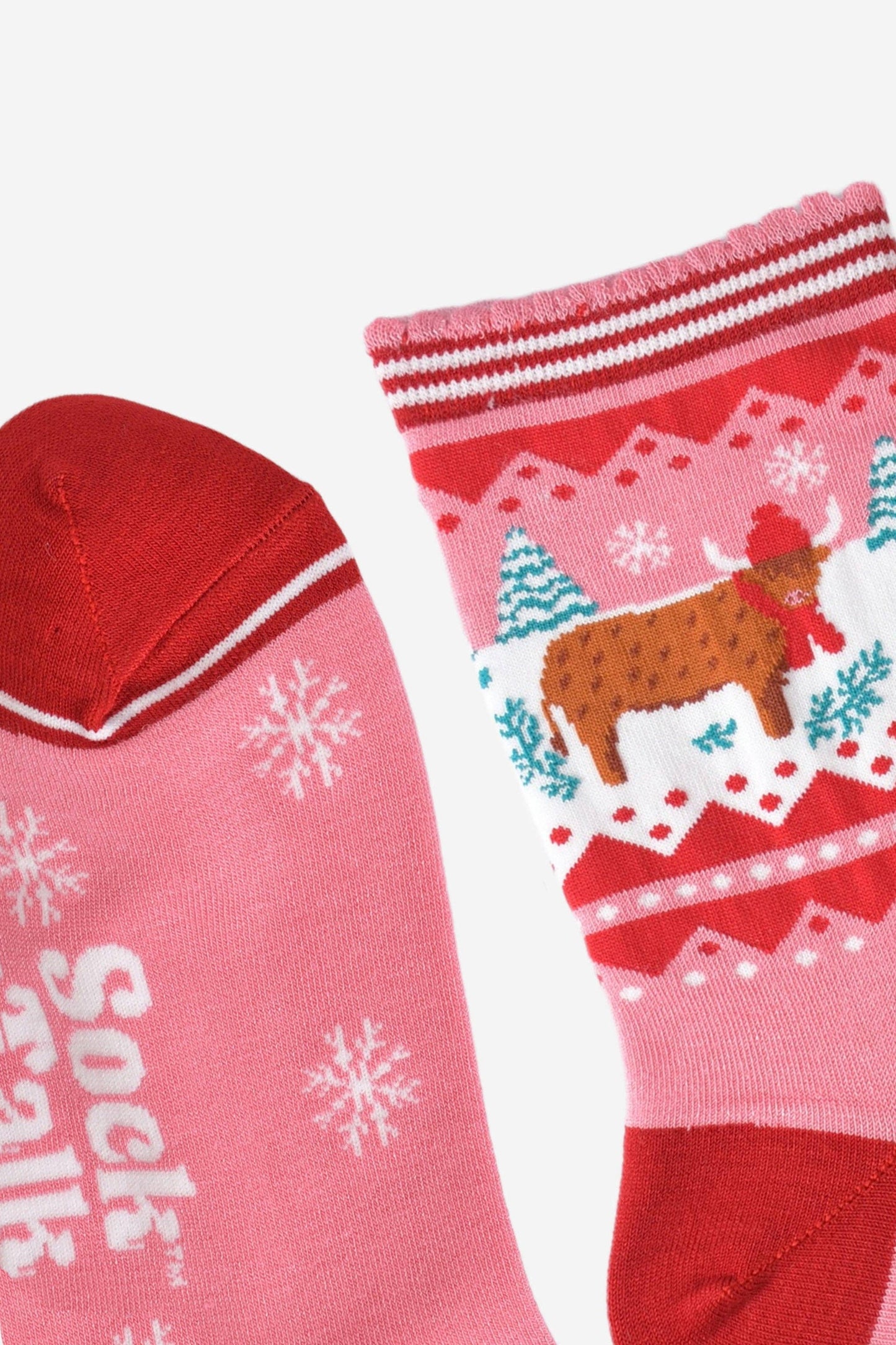 Women's Bamboo Socks - Pink/Red, Christmas Highland Cow