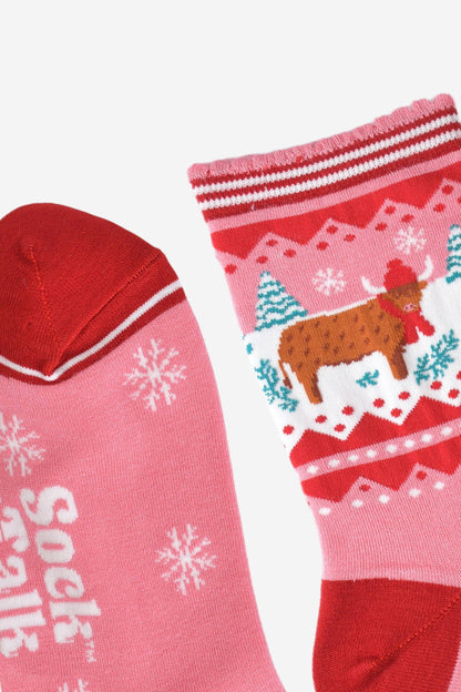 Women's Bamboo Socks - Pink/Red, Christmas Highland Cow