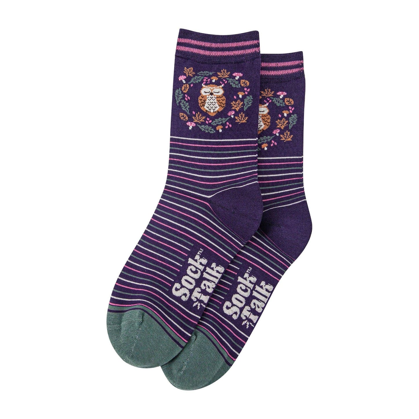 Women's Bamboo Socks - Navy Blue/Sage, Owl in Wreath