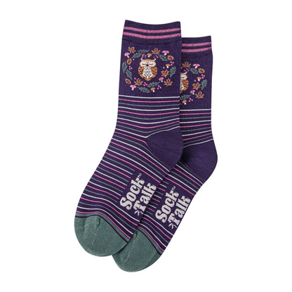 Women's Bamboo Socks - Navy Blue/Sage, Owl in Wreath