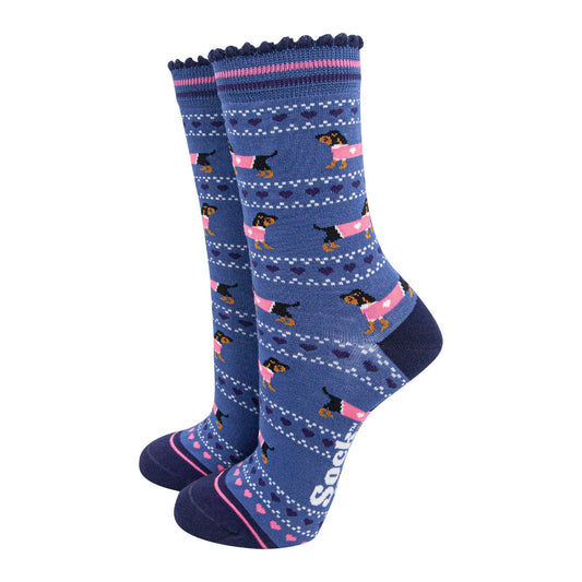 Women's Bamboo Socks - Blue/Navy, Sausage Dogs Fair Isle