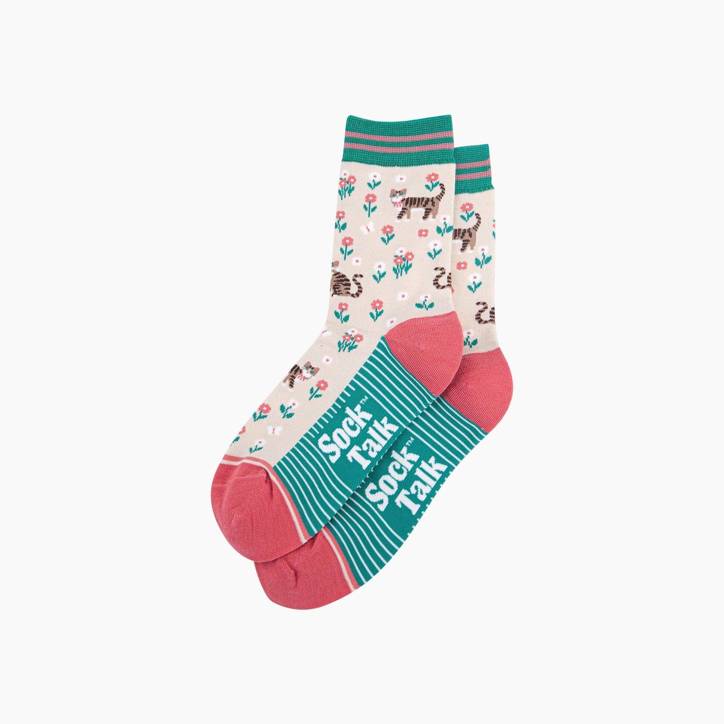 Tabby Cat Floral Bamboo Socks in Cream