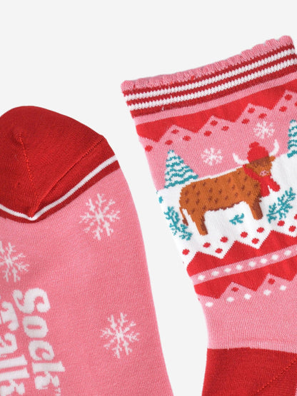 Women's Bamboo Socks - Pink/Red, Christmas Highland Cow
