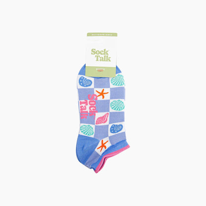 Seashell Checkerboard Bamboo Trainer Socks in Blue