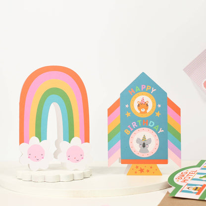 Die Cut Rainbow Rocket Birthday Card with Animal Friends