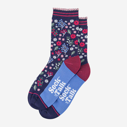 Women's Bamboo Socks - Navy Blue/Red, Winter Floral