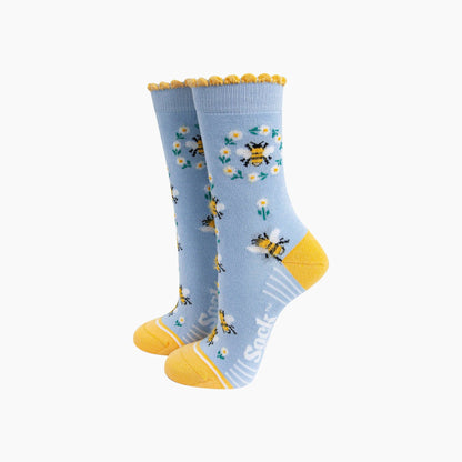 Bee Wreath Fluffy Bamboo Socks in Blue