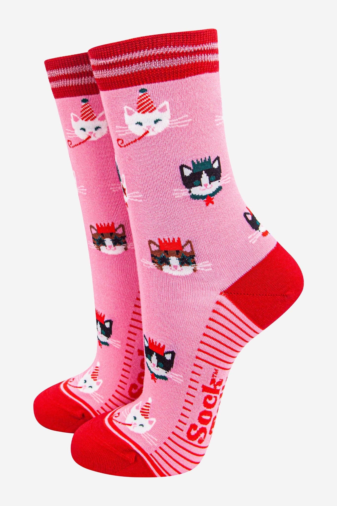 Women's Bamboo Socks - Hot Pink/Red, Party Cats