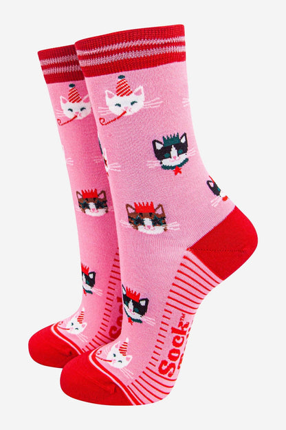 Women's Bamboo Socks - Hot Pink/Red, Party Cats