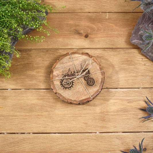 Mango Wood Engraved Tractor Detail Set Of 2 Coasters With Bark Edge