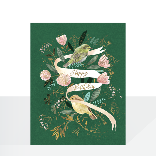 Birthday wishes, forest green birds & fauna - card