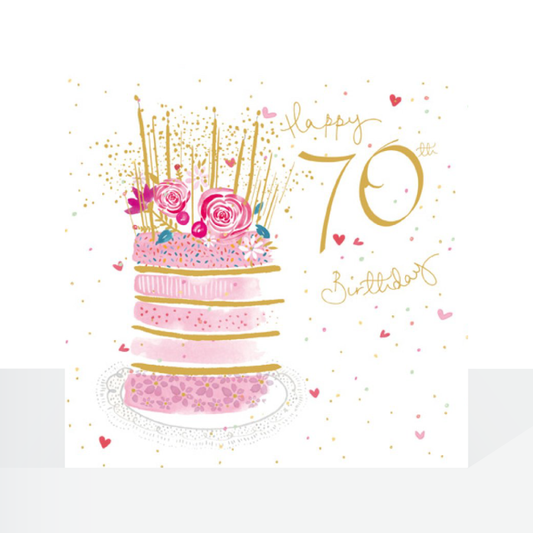 Happy 70th birthday card - pink cake