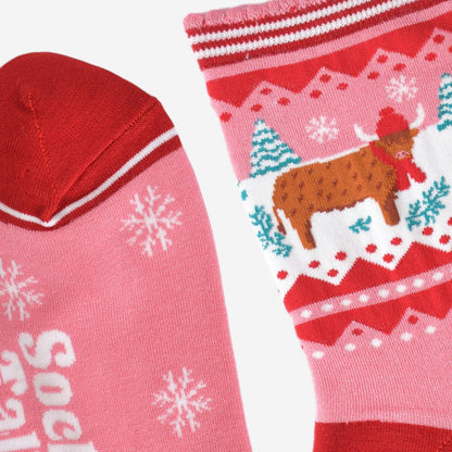 Women's Bamboo Socks - Pink/Red, Christmas Highland Cow