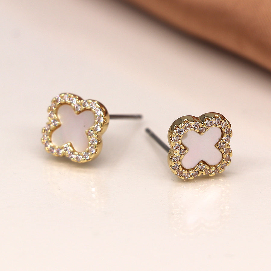 Golden crystal edged quatrefoil earrings