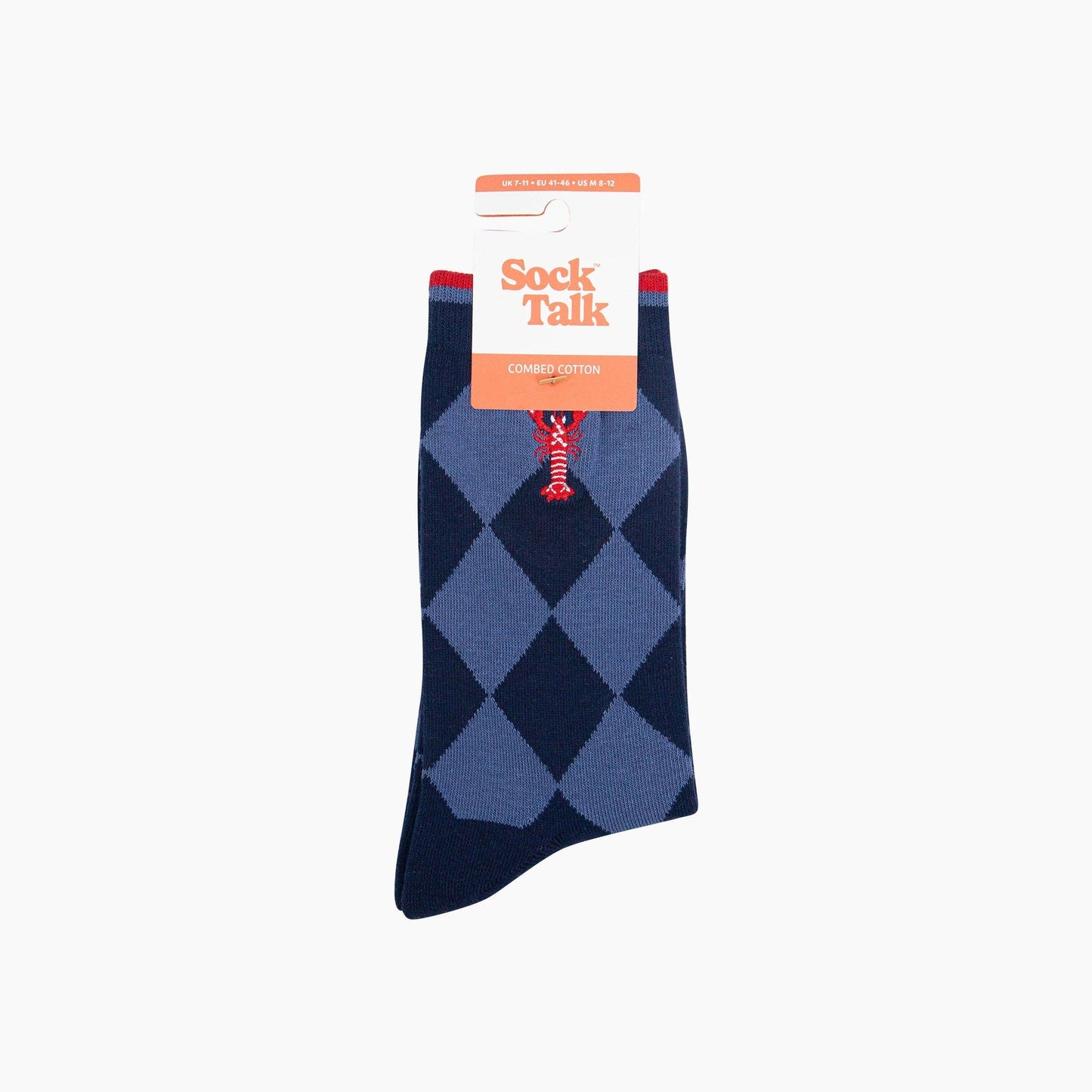 Embroidered Lobster Argyle Combed Cotton Socks in Navy Blue
