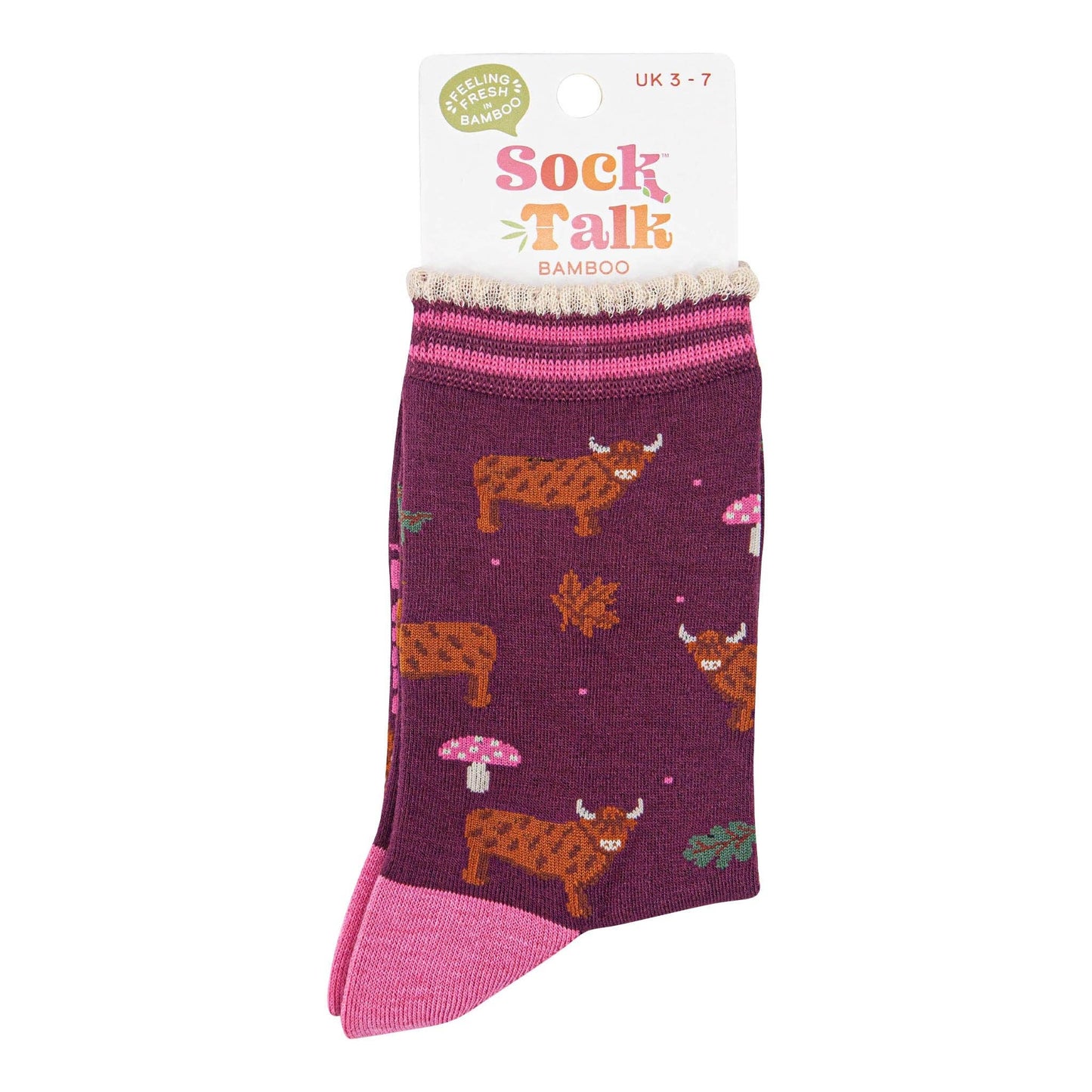 Women's Bamboo Socks - Berry/Cream, Highland Cow Toadstool