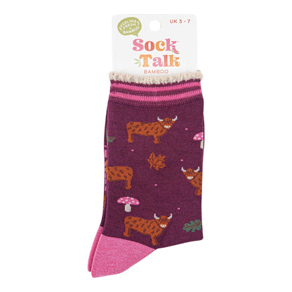 Women's Bamboo Socks - Berry/Cream, Highland Cow Toadstool