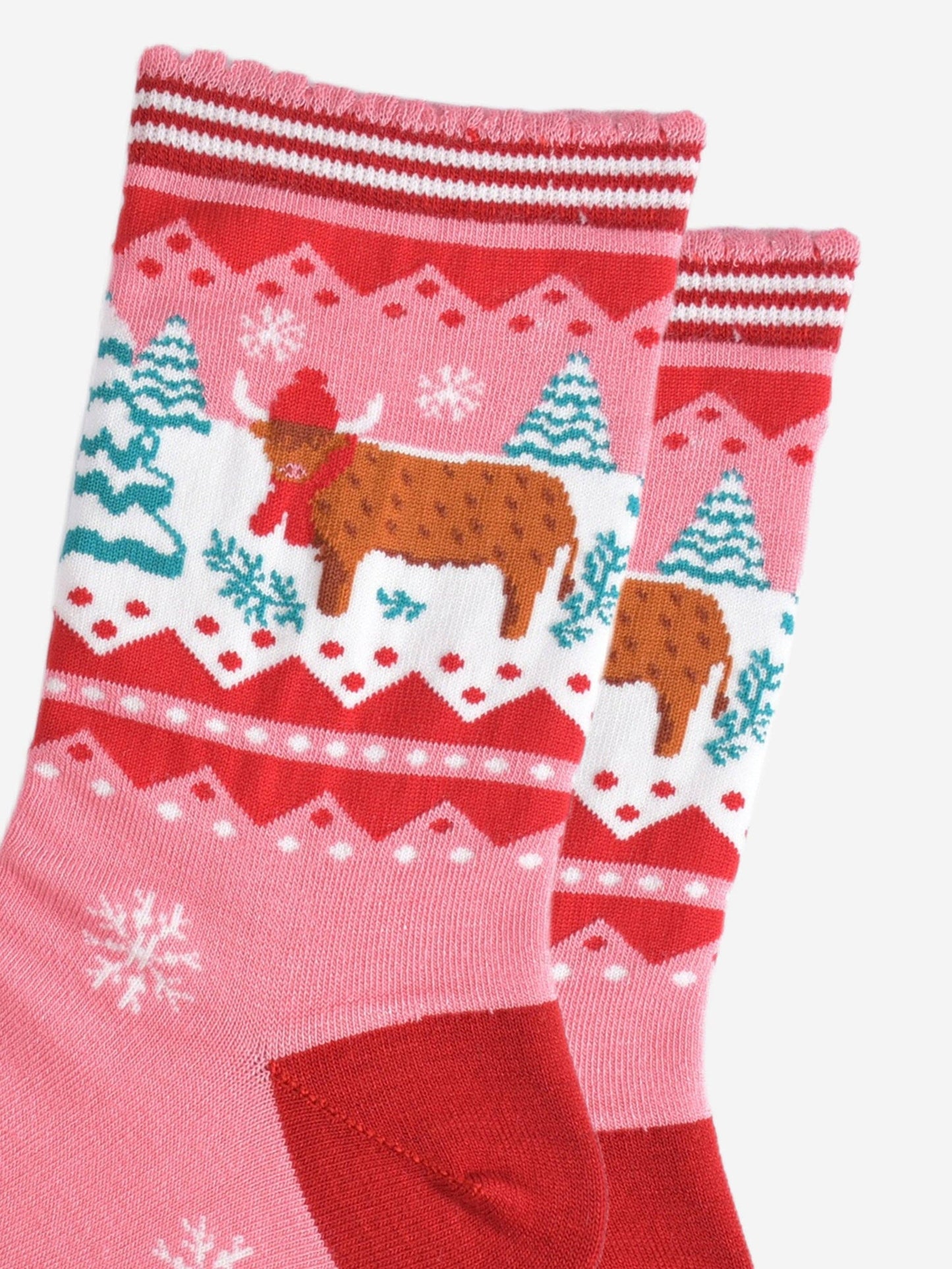 Women's Bamboo Socks - Pink/Red, Christmas Highland Cow