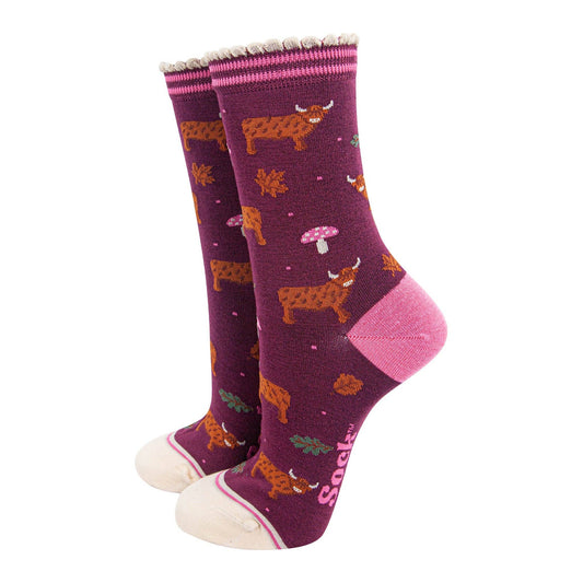 Women's Bamboo Socks - Berry/Cream, Highland Cow Toadstool