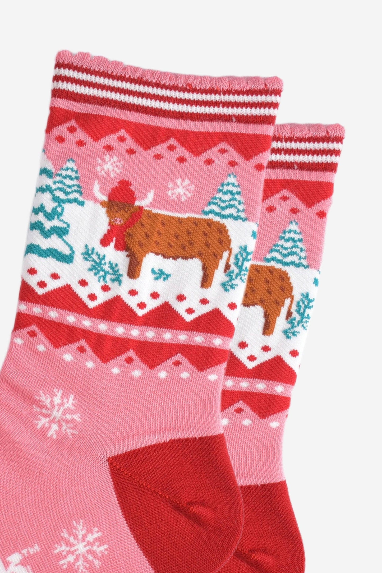 Women's Bamboo Socks - Pink/Red, Christmas Highland Cow