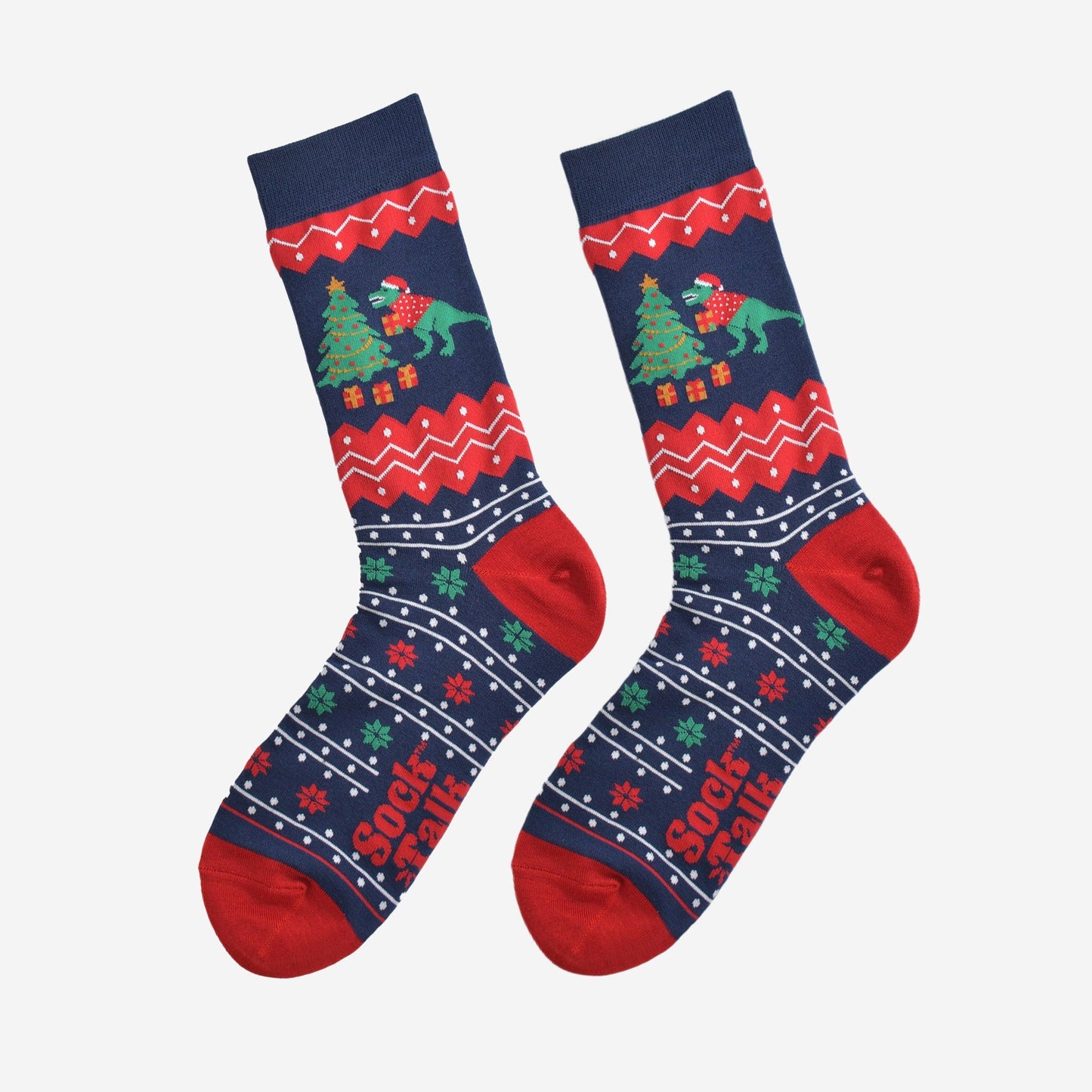 Men's Bamboo Socks - Navy Blue/Red, T-Rex Christmas Tree