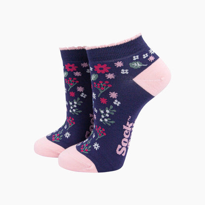 Wildflowers Bamboo Trainer Socks in Navy Blue