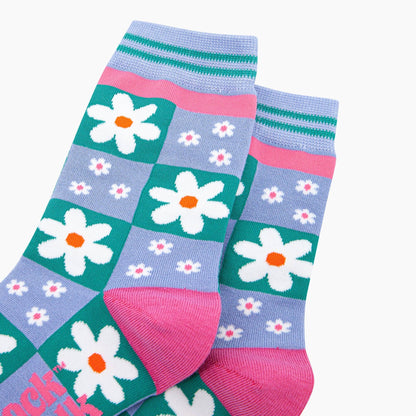 Flower Checkerboard Bamboo Socks in Blue