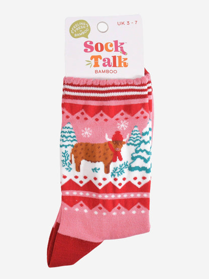 Women's Bamboo Socks - Pink/Red, Christmas Highland Cow