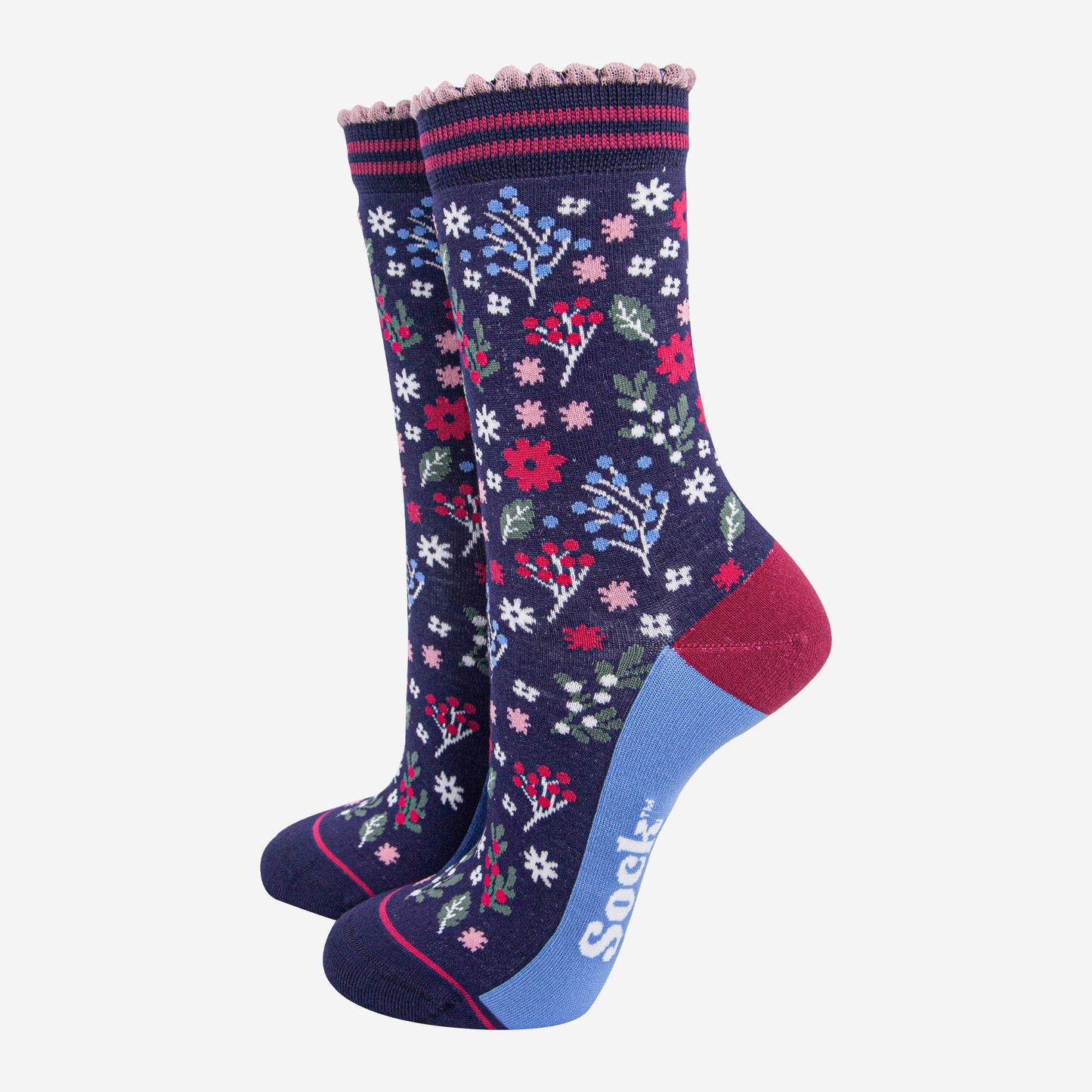 Women's Bamboo Socks - Navy Blue/Red, Winter Floral