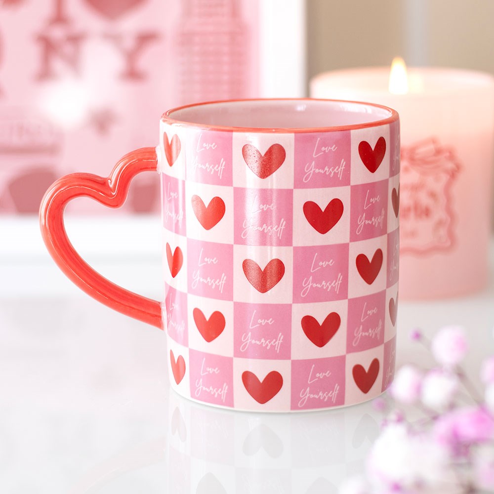 Love Yourself Mug checkered heart handle ❤️