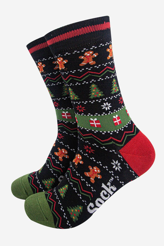 Men's Bamboo Socks - Black/Khaki, Gingerbread Fair Isle