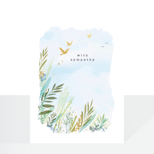 With sympathy gold birds flying - card