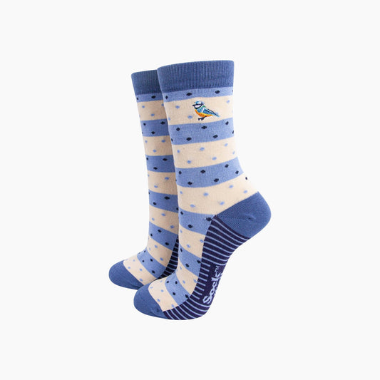 Embroidered Blue Tits Combed Cotton Socks in Blue