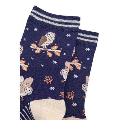 Women's Bamboo Socks - Navy Blue/Cream, Barn Owls