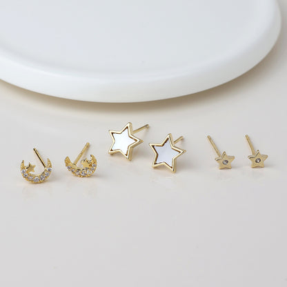 Golden triple moons and stars stud earring set
